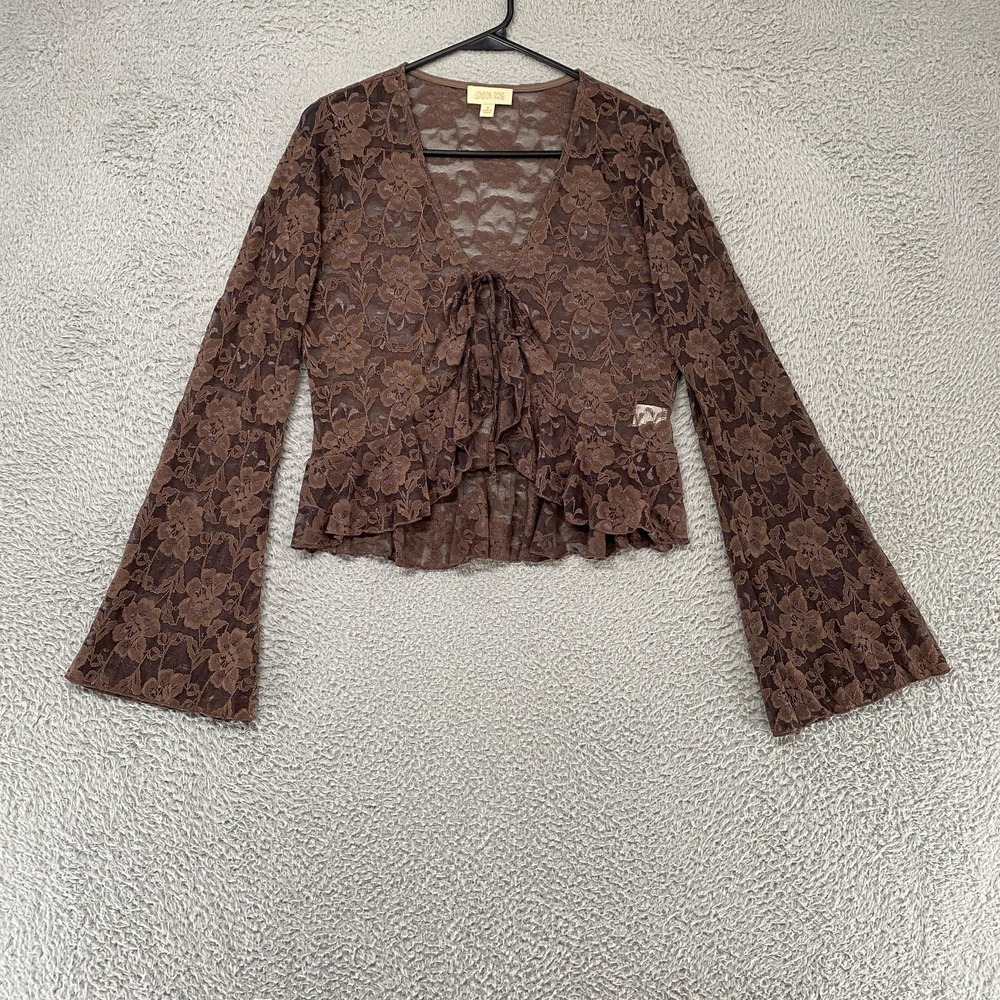 London Rose Lace Tie Top Womens Small Crop Floral Sheer Tie Front Bell‎ Sleeve